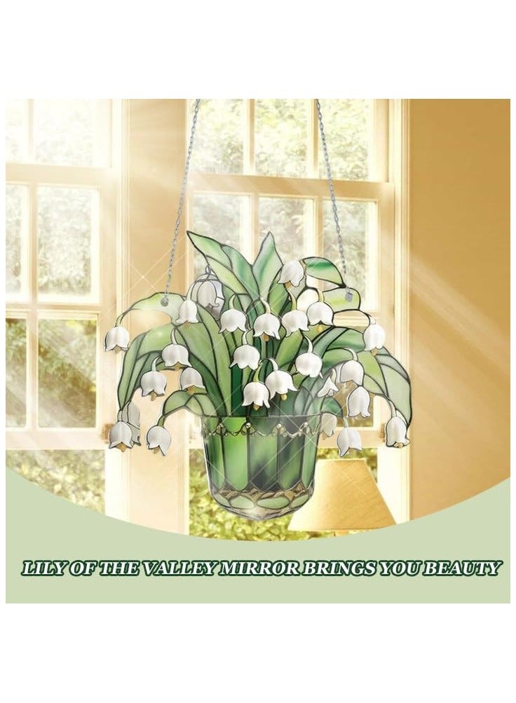 SOLARAE 2Pcs Lily of Valley Suncatcher, Lily of Valley Window Decor, Stained Glass Suncatcher Lily of The Valley, Artificial Flowers Stained Glass Hangings for Living Room Window Wall Art Decor (9 * 9in) - Image 3