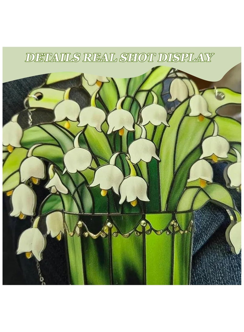 SOLARAE 2Pcs Lily of Valley Suncatcher, Lily of Valley Window Decor, Stained Glass Suncatcher Lily of The Valley, Artificial Flowers Stained Glass Hangings for Living Room Window Wall Art Decor (9 * 9in) - Image 5