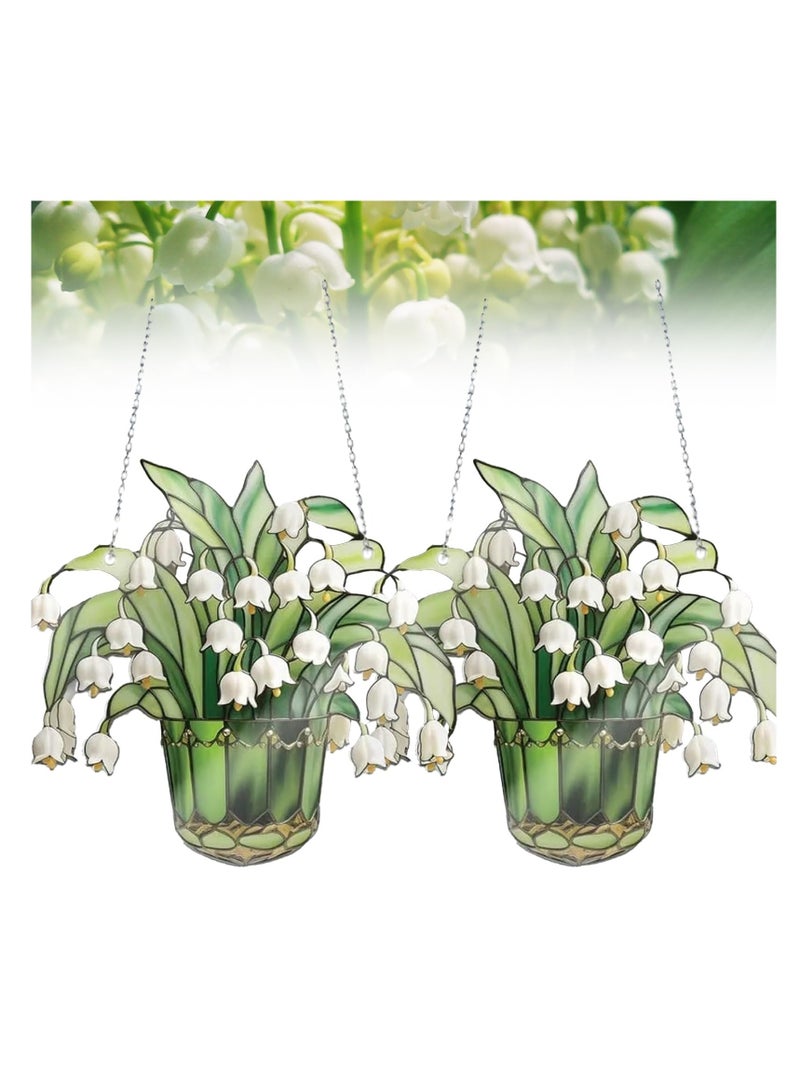 SOLARAE 2Pcs Lily of Valley Suncatcher, Lily of Valley Window Decor, Stained Glass Suncatcher Lily of The Valley, Artificial Flowers Stained Glass Hangings for Living Room Window Wall Art Decor (9 * 9in) - Image 1
