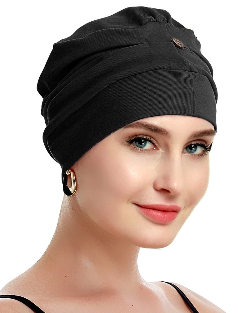 osvyo Cotton Chemo Turbans for Women Cancer Hairloss hat - Cotton Lightweight Headwear Sealed Packaging Black - Image 1