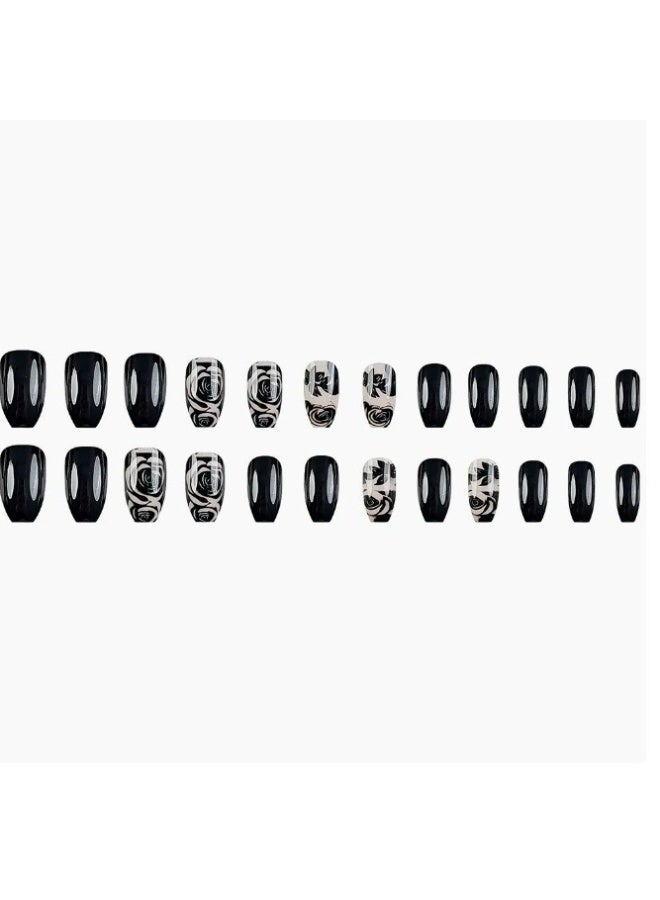 Goolsky 24PCS Medium-Long Press-on Nails - Black Rose Design Wearable Fake Nails Removable Nail Extensions - Image 4