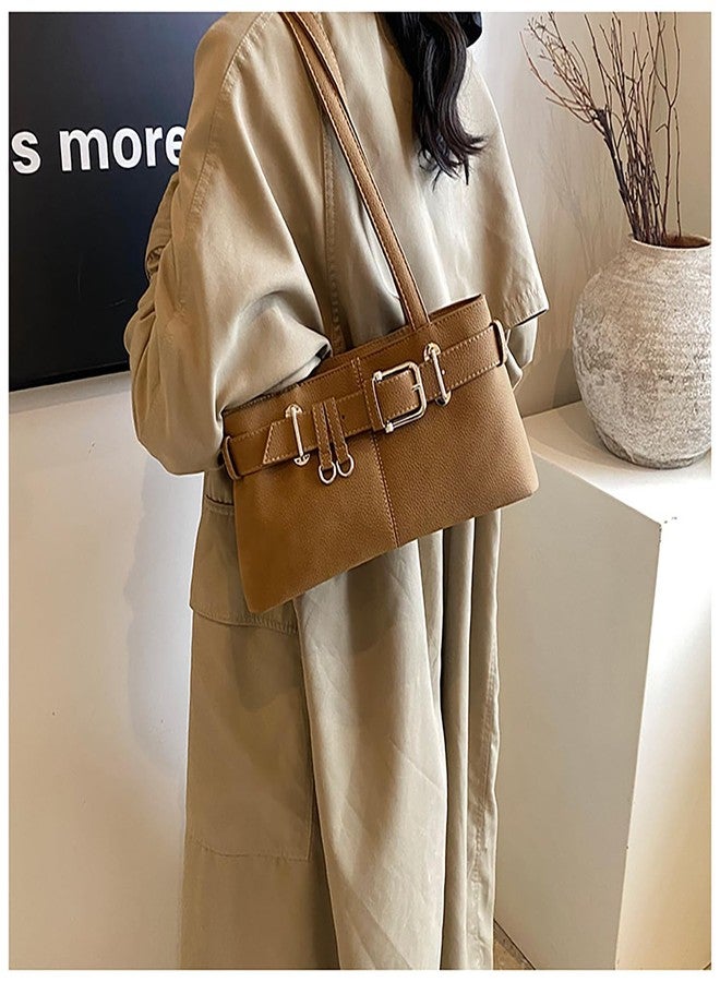 JYG Shoulder Bag for Women Vintage Y2K Hobo Purse with Belt Buckle Small PU Leather Underarm Satchel Handbag Brown - Image 2