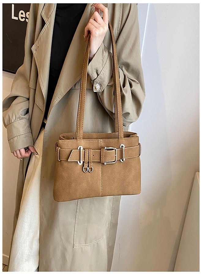 JYG Shoulder Bag for Women Vintage Y2K Hobo Purse with Belt Buckle Small PU Leather Underarm Satchel Handbag Brown - Image 3