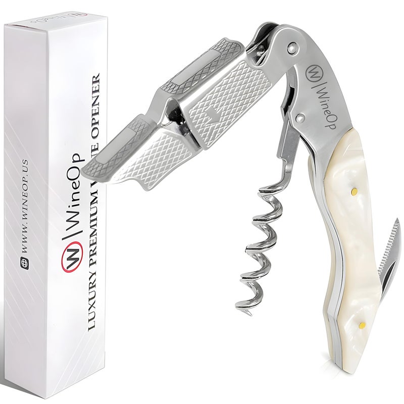 W WINEOP WineOp Professional Wine Opener Luxury Double Hinged Waiters Corkscrew Wine Bottle Key  Cork screwer for Servers Bartenders Sommelier and Home Use  AllInOne Stainless Steel White Resin 