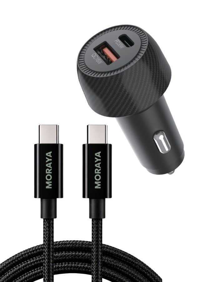 MORAYA Node-01 48W Dual Port Car Charger with Vector-01 USB-C to USB-C Cable, 30W PD + 18W QC Fast Charging Adapter, 60W Braided Type-C Cable for iPhone 15/16/17, Samsung, MacBook, iPad & USB-C Devices