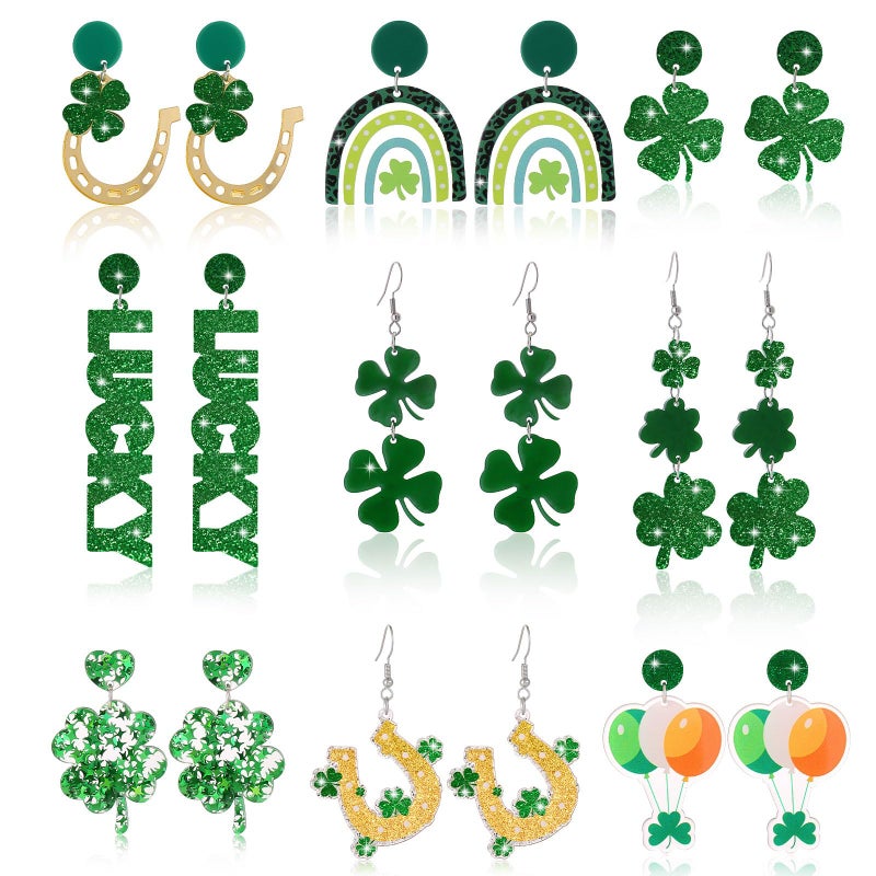 Moiegouct 9 Pairs St Patricks Day Earrings for Women Green Shamrock Clover Acylic Dangle Earrings Irish Festival Jewelry St. Patrick's Day Accessory - Image 1