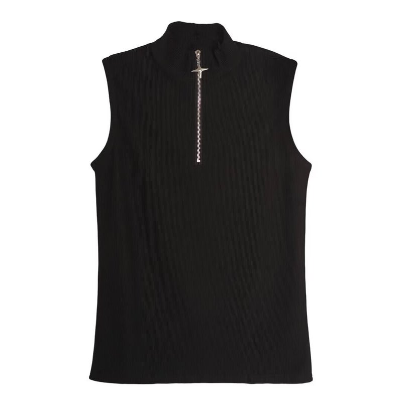 Fitness Sleeveless Collar Slimming Yoga Clothing Vest Front Zipper Tight Sports Top Running T-shirt Thin Black  - Image 1