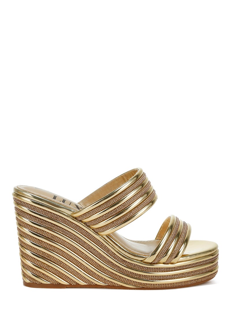 London Rag Metallic Faux Leather Wedge Sandals in Gold - Image 1