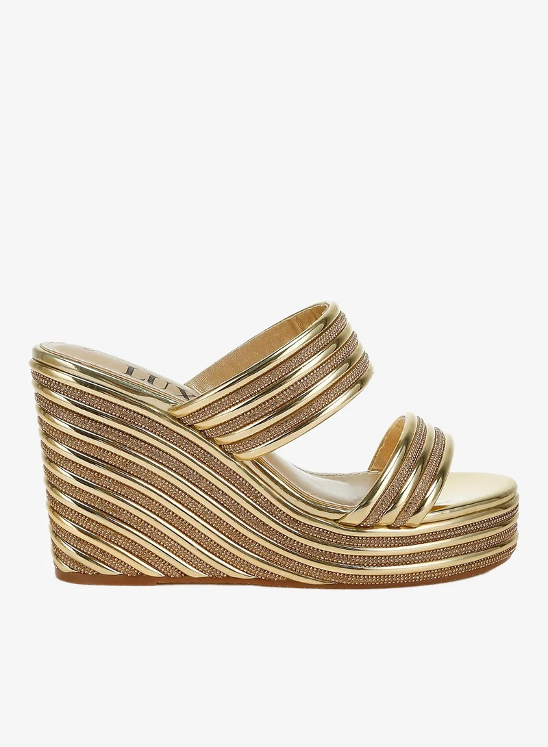Metallic Faux Leather Wedge Sandals in Gold