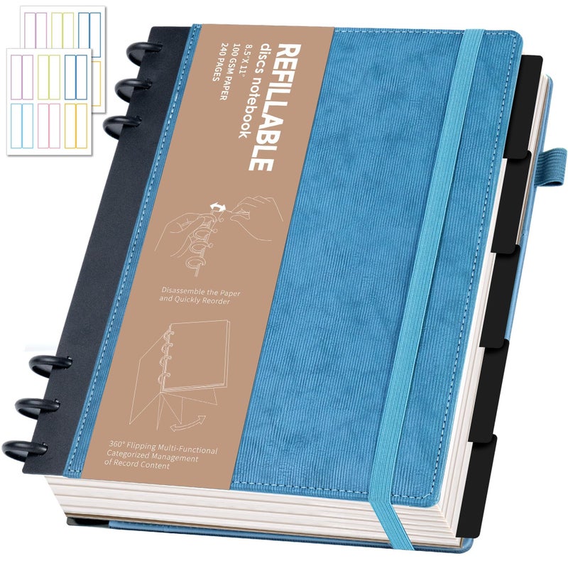 Yoment Refillable Notebooks for Work 5 Subject with Removable Dividers Tabs 224 Pages Hardcover Leather Journals for Writing Small Discbound Planner Colleged Ruled Paper for Women Men 6.1 x 8.3,Blue - Image 1