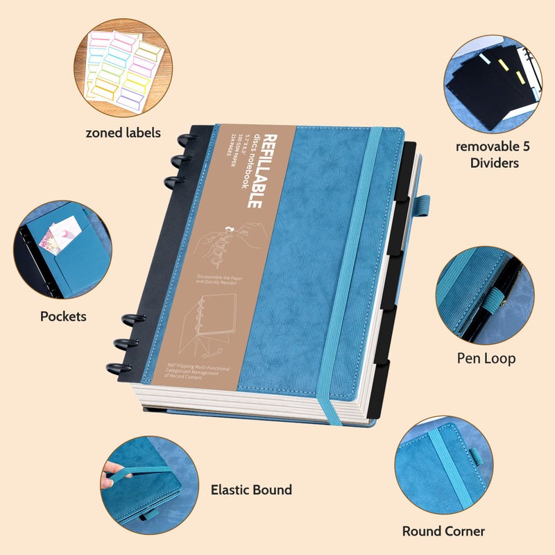 Yoment Refillable Notebooks for Work 5 Subject with Removable Dividers Tabs 224 Pages Hardcover Leather Journals for Writing Small Discbound Planner Colleged Ruled Paper for Women Men 6.1 x 8.3,Blue - Image 3