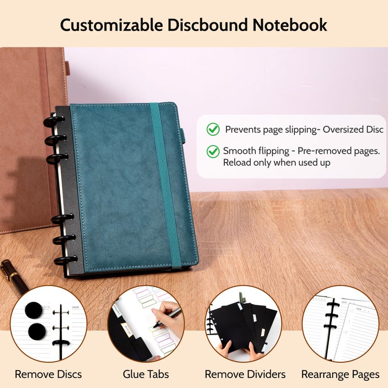 Yoment Refillable Notebooks for Work 5 Subject with Removable Dividers Tabs 224 Pages Hardcover Leather Journals for Writing Small Discbound Planner Colleged Ruled Paper for Women Men 6.1 x 8.3,Blue - Image 2