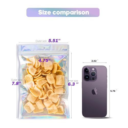 Motomy 5.5x7.8 inch Holographic Packaging Bags, Resealable Foil Pouch Mylar Sample Bag Great for Small Business and Party Favor Food Storage（50 Pcs-5.5x7.8 in）Holographic Color - Image 2