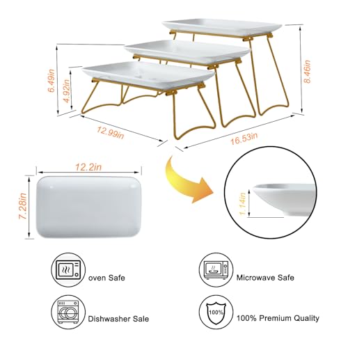HAPPY KIT 3 Tier Serving Tray Set with Gold Freely Combinable Rack,12 Inch Tiered Tray Stand,Widened Porcelain Platters,Decor Cupcake Stand for Christmas Party Display,Dessert Trays Collapsible - Image 3