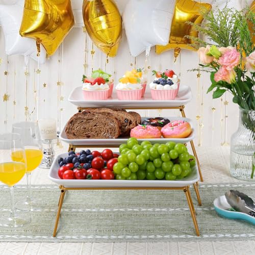 HAPPY KIT 3 Tier Serving Tray Set with Gold Freely Combinable Rack,12 Inch Tiered Tray Stand,Widened Porcelain Platters,Decor Cupcake Stand for Christmas Party Display,Dessert Trays Collapsible - Image 4