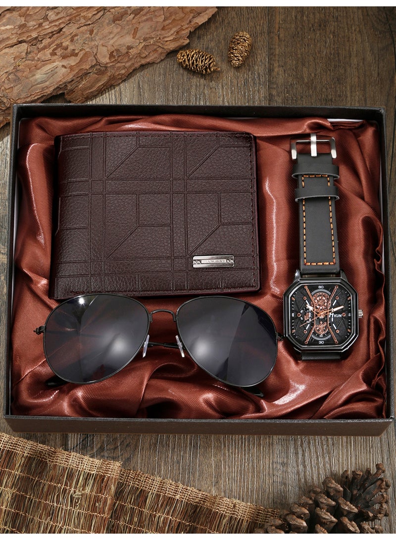 مجموعة من 3 قطع من الرجال أزياء رجال الأعمال عارضة أزياء الرجال ووتش مجموعة أساسية ، مع نظارات داكنة و محفظة براون ، ومناسبة لإرسال صديق ، أخ ، عاشق أفضل هدية مجموعة