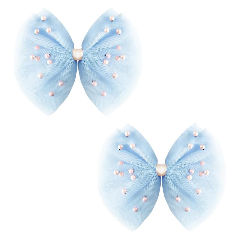 RECTYO GALLERY 2 PCS Luxury Pearl Hair Bows Hair Clips for Toddler Girls - Elegant Ivory Lace Veil Hair Accessories for Birthday, Wedding, Halloween, Thanksgiving, and Christmas Occasions(Light Blue) - Image 1