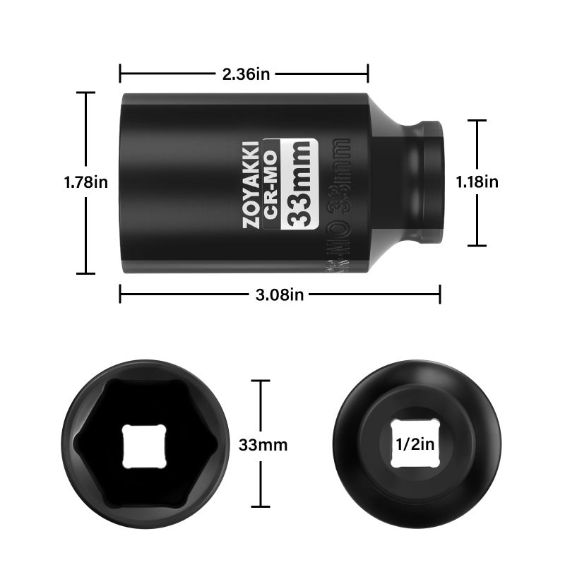 ZOYAKKI 12 Drive x 33 mm Deep 6 PT Impact Socket CRMO12inch Drive 6 Point Axle Nut Socket for Easy Removal of Axle Shaft Nuts Metric 33MM - Image 4