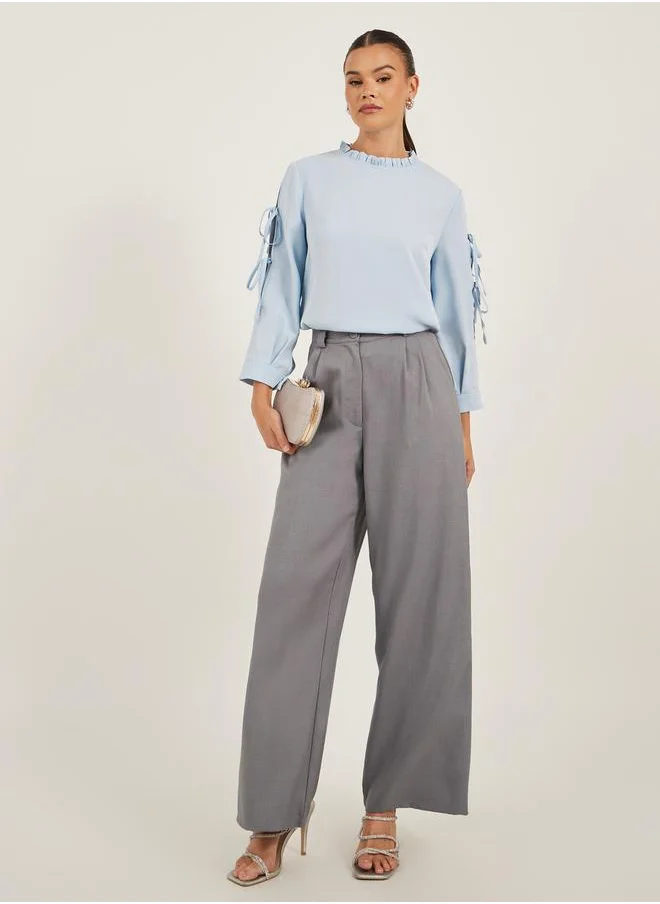 لوكس ويف Solid Ruffled High Neck Top with Tie Detail