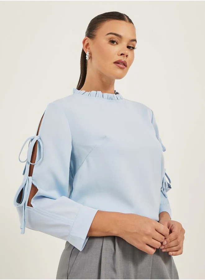 Luxewave Solid Ruffled High Neck Top with Tie Detail