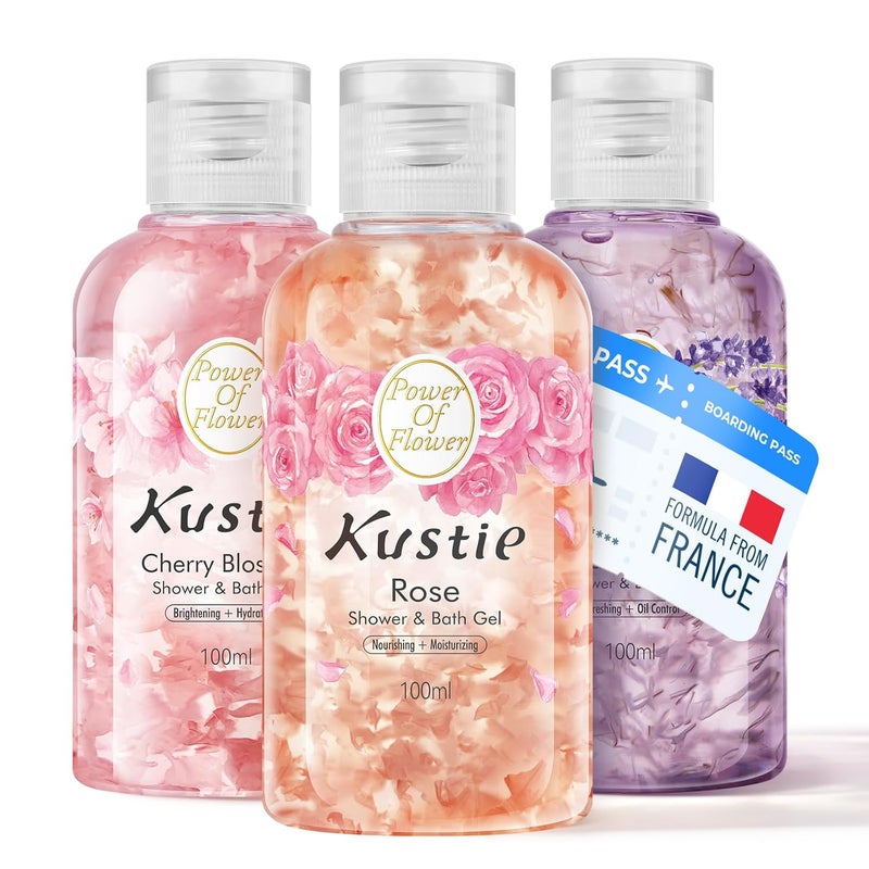 kustie مجموعة غسول الجسم بحجم السفر من كستي - ثلاثي جل الاستحمام بتلات مع زهور الكرز الحقيقية، اللافندر، بتلات الورد 3 × 338 أونصة سائلة - مرطب ومهدئ - هدية مصغرة صديقة لـ TSA للنساء والرجال - Image 1