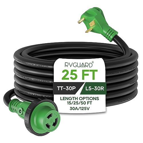 RVGUARD 30 Amp 25 Foot RV Power Extension Cord, Heavy Duty STW Cord with LED Power Indicator and Cord Organizer, 30 Amp Male Standard to 30 Amp Female Locking Connector, Green, ETL Listed - Image 1