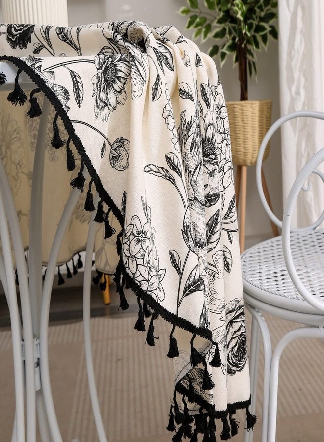 F-CHU Floral Round Tablecloth 60 Inch Cotton Linen Table Cloth with Tassels for Restaurant, Picnic, Indoor and Table Cover Home Decoration, Floral（Black - Image 4