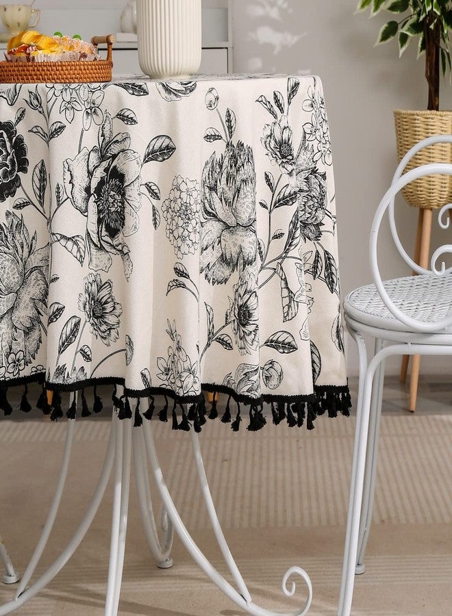 F-CHU Floral Round Tablecloth 60 Inch Cotton Linen Table Cloth with Tassels for Restaurant, Picnic, Indoor and Table Cover Home Decoration, Floral（Black - Image 3