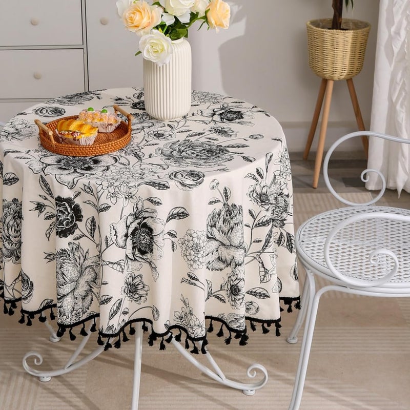 F-CHU Floral Round Tablecloth 60 Inch Cotton Linen Table Cloth with Tassels for Restaurant, Picnic, Indoor and Table Cover Home Decoration, Floral（Black - Image 1