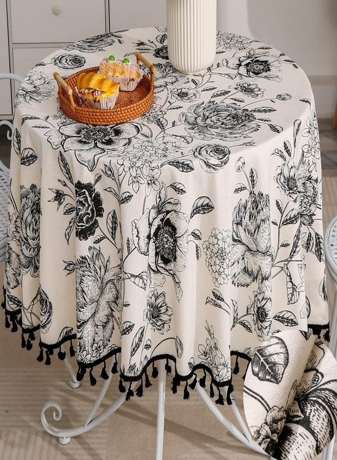 F-CHU Floral Round Tablecloth 60 Inch Cotton Linen Table Cloth with Tassels for Restaurant, Picnic, Indoor and Table Cover Home Decoration, Floral（Black - Image 2
