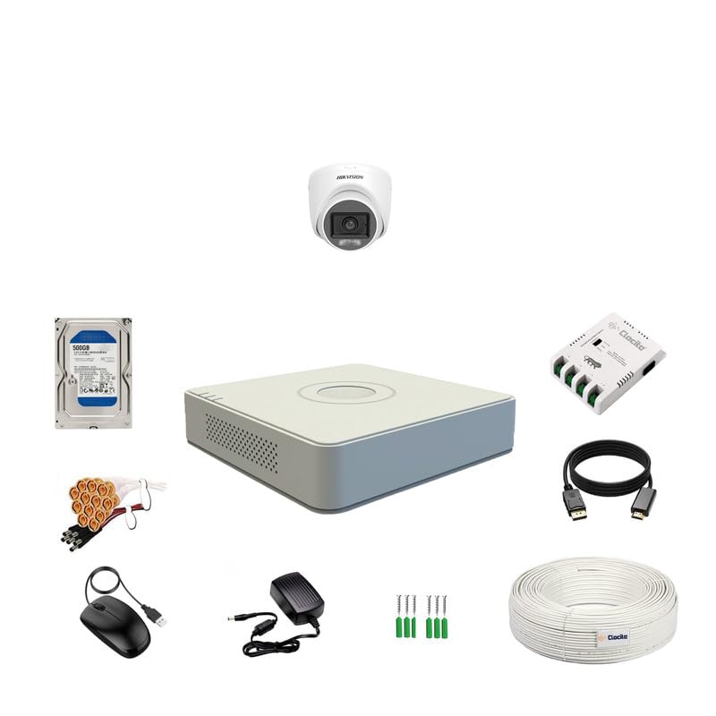 Clocite HIKVISION Full HD 4 Channel DVR, 2 MP 1 Dome Cameras [Color Night Vision + Built-in Audio MIC + Smart Dual Light + Motion Detection] + 500 GB HDD 4 CH SMPS + CCTV Cable + BNC & DC - Image 1