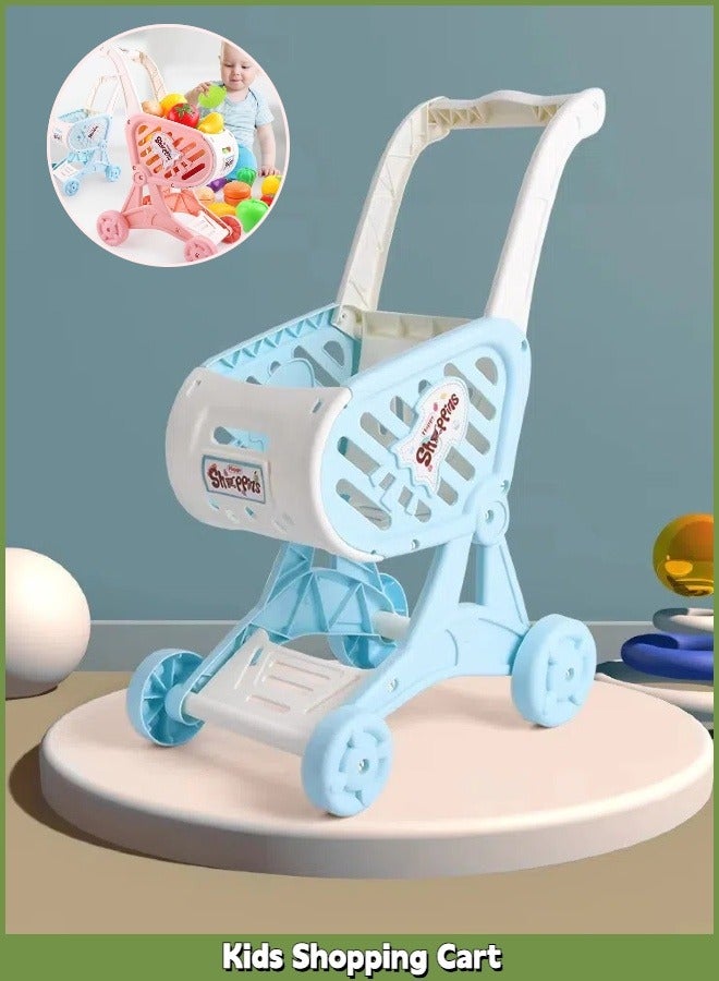 Kids Shopping Cart Trolley Play Set with Pretend Food and Accessories, Kids Shopping Cart, Pretend Shopping Playset, The Ideal Size for Toddlers, Perfect for Ages 3+ Pretend Play and Role-Playing Games（Blue）  - Image 1