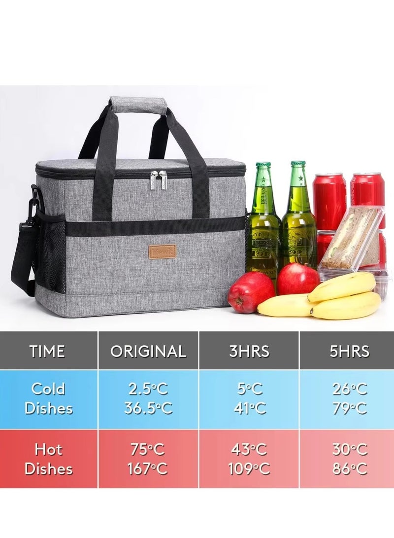 Outdoor Large Lunch Bag for Men/Women Insulated Reusable 35L Lunch Box Leakproof Cooler Tote Bag Freezable Waterproof Oxford Ice Refrigerated Lightweight Fresh-keeping for Office Work Picnic Beach (Grey)
