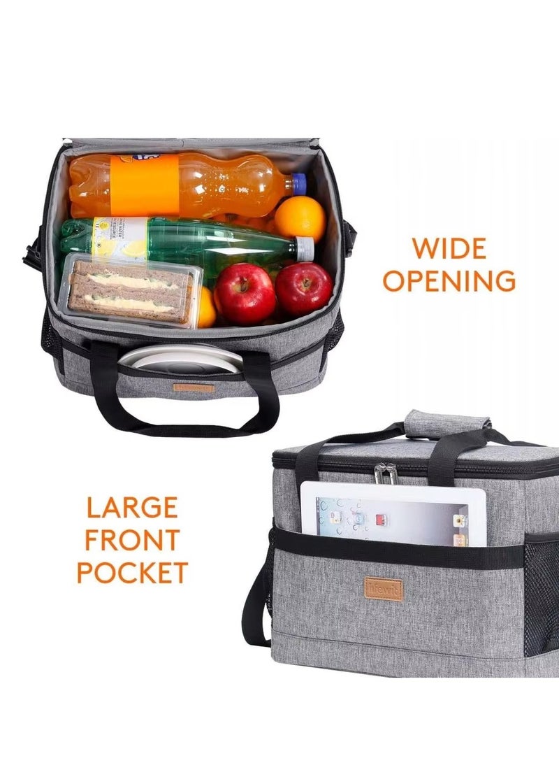 Outdoor Large Lunch Bag for Men/Women Insulated Reusable 35L Lunch Box Leakproof Cooler Tote Bag Freezable Waterproof Oxford Ice Refrigerated Lightweight Fresh-keeping for Office Work Picnic Beach (Grey)