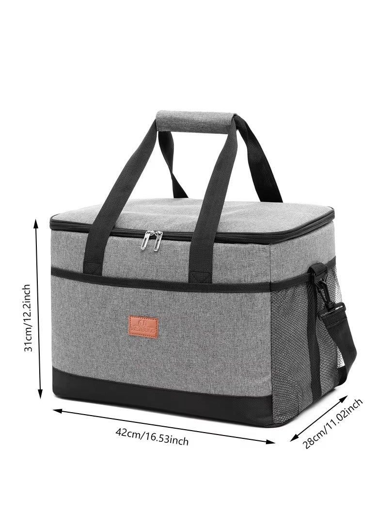 Outdoor Large Lunch Bag for Men/Women Insulated Reusable 35L Lunch Box Leakproof Cooler Tote Bag Freezable Waterproof Oxford Ice Refrigerated Lightweight Fresh-keeping for Office Work Picnic Beach (Grey)