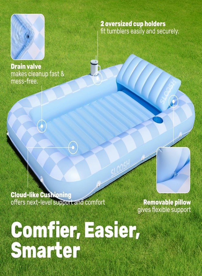 Sloosh Inflatable Tanning Pool Lounger Float, 70" x 46" Pool Floats Adult with Pillow, 4 in 1 Suntan Tub Raft Floatie,Sunbathing Bed Lounge for Water Blow Up Ball Pit Party Gifts, Blue Checker - Image 4