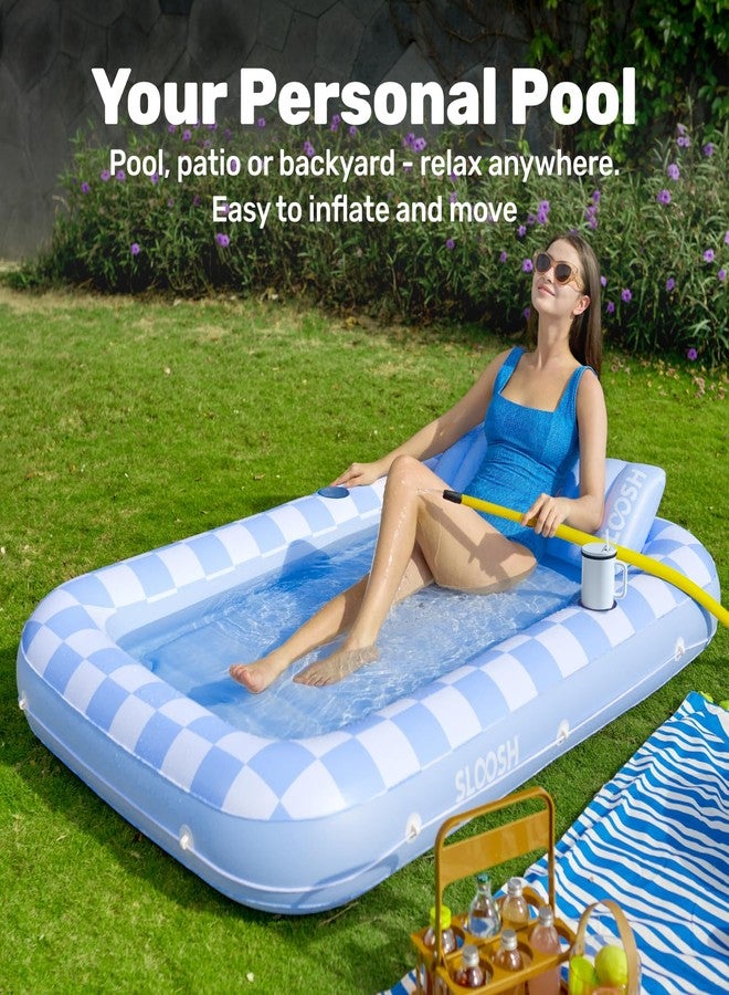 Sloosh Inflatable Tanning Pool Lounger Float, 70" x 46" Pool Floats Adult with Pillow, 4 in 1 Suntan Tub Raft Floatie,Sunbathing Bed Lounge for Water Blow Up Ball Pit Party Gifts, Blue Checker - Image 3