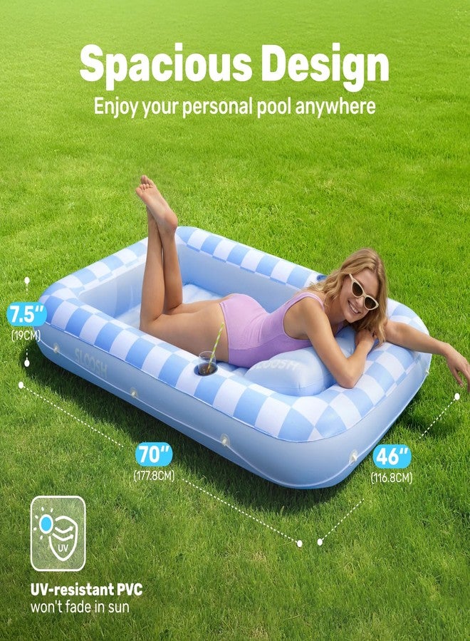 Sloosh Inflatable Tanning Pool Lounger Float, 70" x 46" Pool Floats Adult with Pillow, 4 in 1 Suntan Tub Raft Floatie,Sunbathing Bed Lounge for Water Blow Up Ball Pit Party Gifts, Blue Checker - Image 2