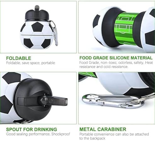 Jukusa Collapsible Water Bottle, Silicone Football Design, 500ml Kids Water Bottle - BPA Free, Leakproof, Ideal for Outdoor, School, Hiking, Riding, Boys & Girls(With Fidget Spinner&Carabiner Clip) - Image 2
