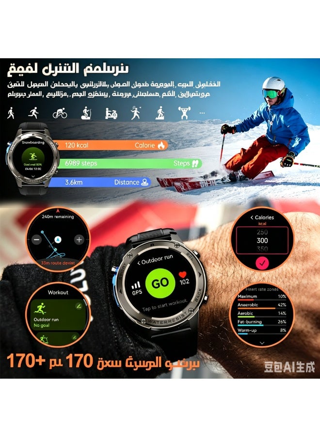 ساعة ذكية عسكرية للرجال، شاشة AMOLED تعمل دائمًا 1.43 بوصة، نظام تحديد المواقع العالمي (GPS)، مراقبة معدل ضربات القلب والنوم، أكثر من 170 وضعًا رياضيًا، متوافقة مع iOS و Android - Image 5