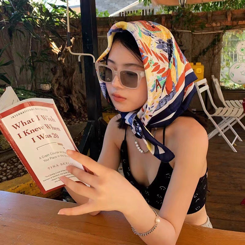 New French Style Retro 70 Square Scarf Womens All-match Summer Sunscreen Silk Scarf Instagram Seaside Beach Shade Shawl Turban Navy