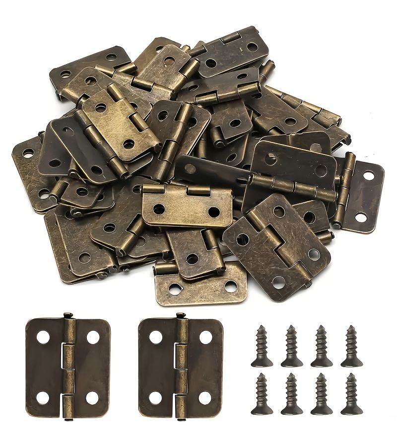 Mini Iron Hinges 100 Pack Antique Bronze with Hardware for Cupboard - Image 1
