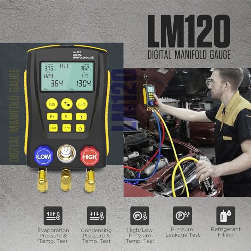 Autool QPKING Refrigeration Digital Manifold Gauge Meter HVAC Vacuum Pressure Temperature Tester Leakage Test LM120 Digital Manifold Pressure Tester with 3 Hoses Built-in 89 Database1 - Image 2