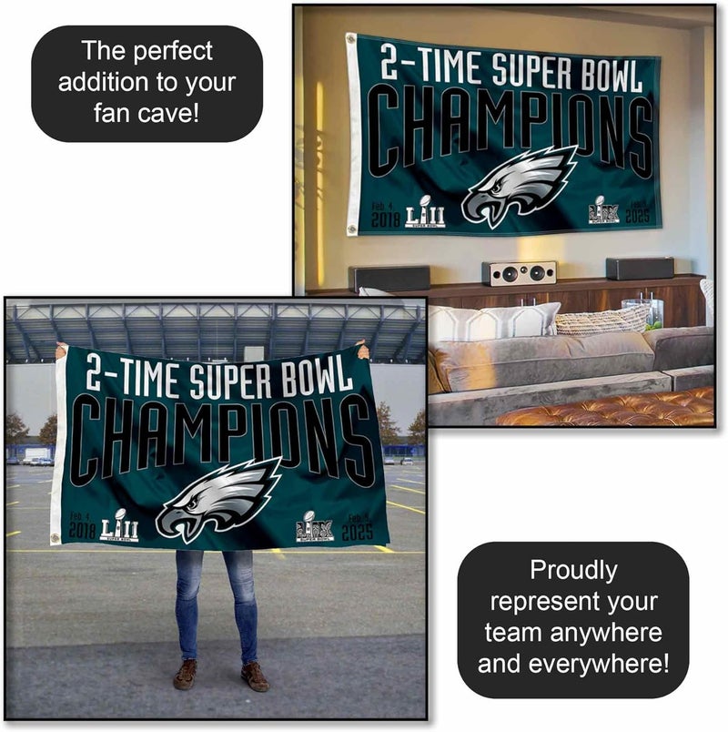 WinCraft WinCraft Philadelphia Eagles 2 Time Super Bowl Champions Flag Outdoor Indoor 3x5 Foot Banner  - Image 5