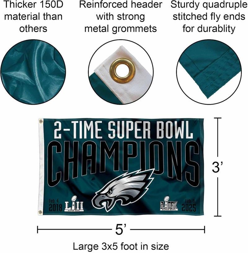 WinCraft WinCraft Philadelphia Eagles 2 Time Super Bowl Champions Flag Outdoor Indoor 3x5 Foot Banner  - Image 2
