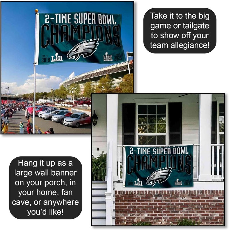 WinCraft WinCraft Philadelphia Eagles 2 Time Super Bowl Champions Flag Outdoor Indoor 3x5 Foot Banner  - Image 4