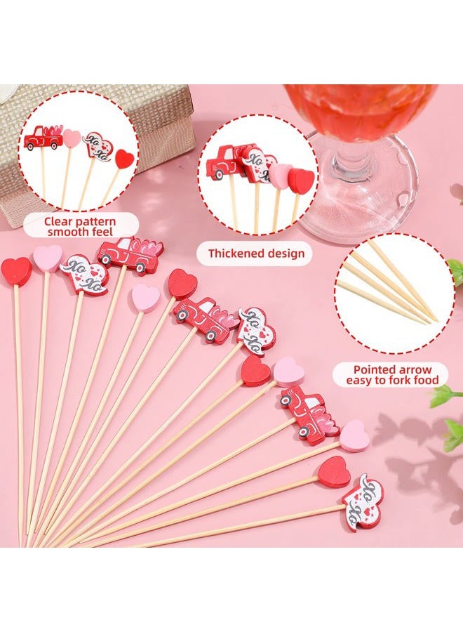 Funtery Valentine's Day Cocktail Picks Assorted Red Pink Hearts Red Truck with Heart Bamboo Toothpicks for Drink Fruit Dessert Food Appetizers Decoration (200) - Image 2