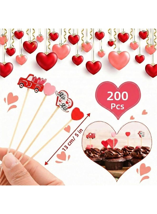 Funtery Valentine's Day Cocktail Picks Assorted Red Pink Hearts Red Truck with Heart Bamboo Toothpicks for Drink Fruit Dessert Food Appetizers Decoration (200) - Image 3