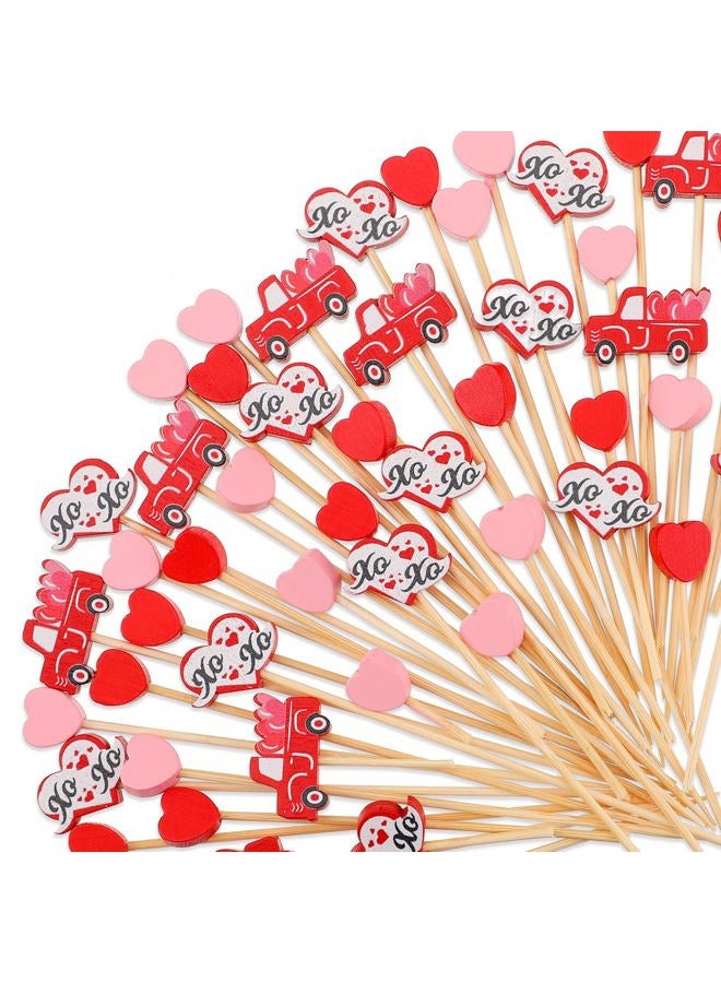Funtery Valentine's Day Cocktail Picks Assorted Red Pink Hearts Red Truck with Heart Bamboo Toothpicks for Drink Fruit Dessert Food Appetizers Decoration (200) - Image 1