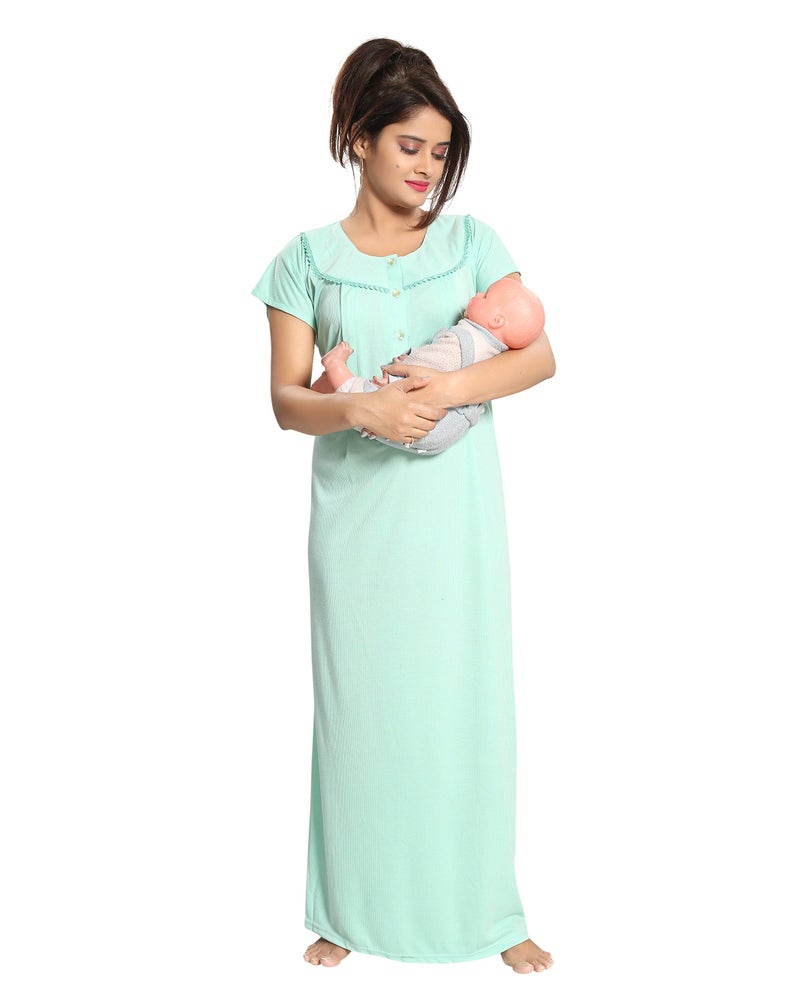 Fabme Women's Cotton Textured Floor Length Nursing Nighty (Light Green_Free Size_NW0142_Light Green_Free Size) - Image 1